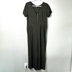 Earthbound Trading Jumpsuit Womens Size L Green Short Sleeve V Neck Pockets Boho